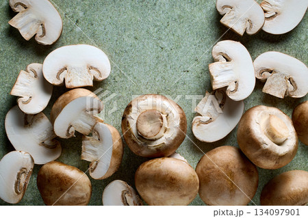 fresh mushrooms on green background 134097901
