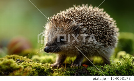 Curious Hedgehog Exploring Mossy Forest Floor in Soft Natural Light, Serene Nature Scene Curious Hedgehog Exploring Mossy Forest Floor in Soft Natural Light, Serene Nature Scene 134098178