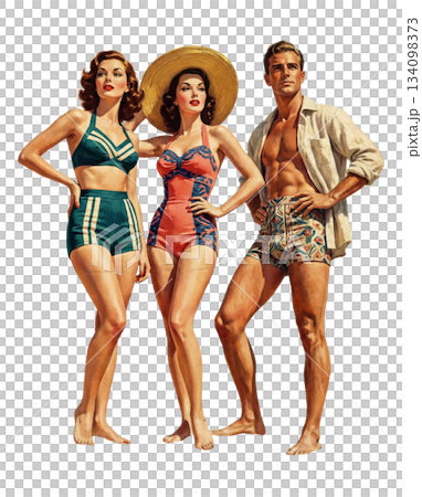 身穿 20 世紀 50 年代復古風格泳裝的男女——夏季海灘時尚插畫素材 身穿 20 世紀 50 年代復古風格泳裝的男女——夏季海灘時尚插畫素材 134098373
