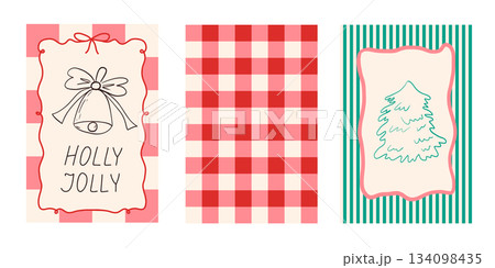 Contemporary Coquette Merry Christmas and Happy New Year greeting Posters vector Set. Whimsical bell and Christmas tree in trendy Coquette style. XMAS art with Bows and Ribbons 134098435