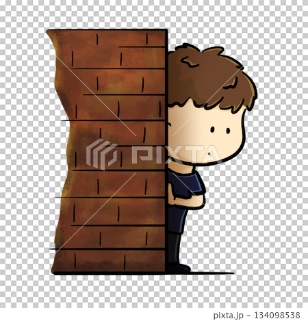 Little boy stands behind a brick wall and peeks cartoon illustration Little boy stands behind a brick wall and peeks cartoon illustration 134098538