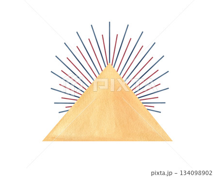 Pyramid triangle and graphic sun rays flows of spiritual energy. Abstract symbol. Watercolor clip art isolated from background with empty template. Illustration of sacred concept. For your design Pyramid triangle and graphic sun rays flows of spiritual energy. Abstract symbol. Watercolor clip art isolated from background with empty template. Illustration of sacred concept. For your design 134098902