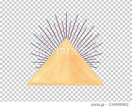 Pyramid triangle and graphic sun rays flows of spiritual energy. Abstract symbol. Watercolor clip art isolated from background with empty template. Illustration of sacred concept. For your design 134098902