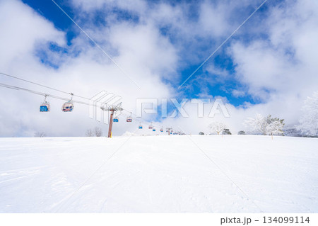 【冬素材】スキー場のリフトと青空【長野県】 134099114