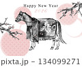 2026年午年　馬と梅の木の水墨画イラスト　和風年賀状テンプレート　ベクター素材 134099271