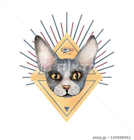 Sphynx cat head, abstract pyramid triangle, graphic sun rays, eye of Horus. Sacred animal symbol. Hand drawn watercolor isolated clip art. Illustration of spiritual concept. Ancient icon, goddess. Sphynx cat head, abstract pyramid triangle, graphic sun rays, eye of Horus. Sacred animal symbol. Hand drawn watercolor isolated clip art. Illustration of spiritual concept. Ancient icon, goddess. 134099461