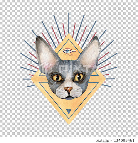 Sphynx cat head, abstract pyramid triangle, graphic sun rays, eye of Horus. Sacred animal symbol. Hand drawn watercolor isolated clip art. Illustration of spiritual concept. Ancient icon, goddess. Sphynx cat head, abstract pyramid triangle, graphic sun rays, eye of Horus. Sacred animal symbol. Hand drawn watercolor isolated clip art. Illustration of spiritual concept. Ancient icon, goddess. 134099461