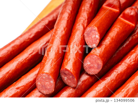 Smoked sausages close-up Smoked sausages close-up 134099506