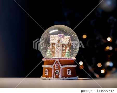 Delicate snow globe featuring holiday sweets and glowing lights Delicate snow globe featuring holiday sweets and glowing lights 134099747