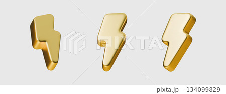 Set gold lightning bolts vector premium element illustrating powerful energy. Gold lightning bolts 3D texture metal element logo design. Power symbol template isolated white background. 134099829
