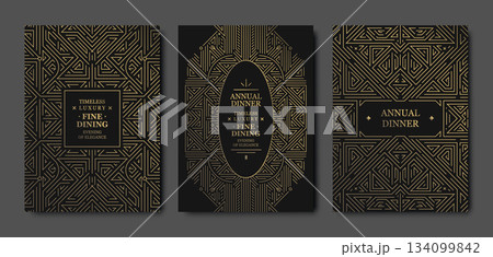 Luxury gold art deco background with geometric lines, elegant borders, vintage gatsby patterns. Premium vector illustrations for wedding cards, party invitations, VIP gala designs, labels 134099842