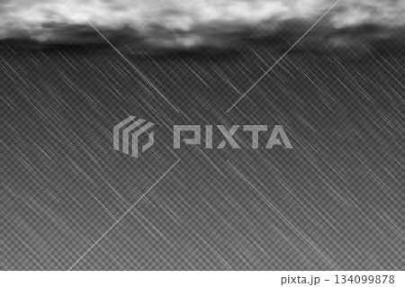 Raindrop effect and heavy clouds, rain overlay on dark transparent background, realistic rain at night time weather 134099878