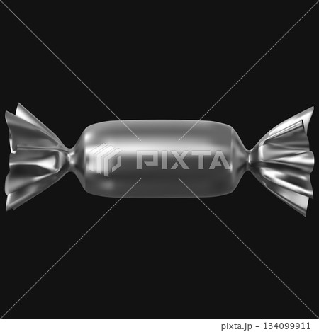 Metallic wrapper of a round elongated candy, realistic mockup, caramel, lollipop. 134099911