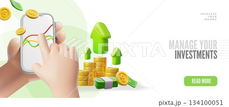 Growth arrow chart with money cash, Manage your investments, Increase your income 3D vector banner, dollar coins bills 134100051