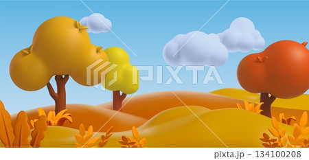 autumn forest nature background, orange grass playground 3D plastic style, vector cartoon field with trees ant plants 134100208