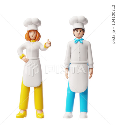 3D set of characters in aprons and white chef's hats, smiling and showing class. 3D set of characters in aprons and white chef's hats, smiling and showing class. 134100212