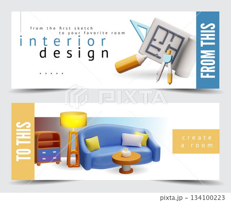 A 3D set of interior design banners, from a drawing to a finished room with furniture. A 3D set of interior design banners, from a drawing to a finished room with furniture. 134100223