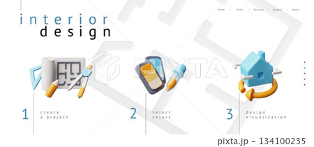 3D banner featuring interior design stages, project creation, color selection, and visualization. 3D banner featuring interior design stages, project creation, color selection, and visualization. 134100235