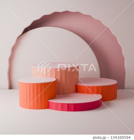 Minimal 3D studio background with tiered pink and orange podiums and geometry 134100594