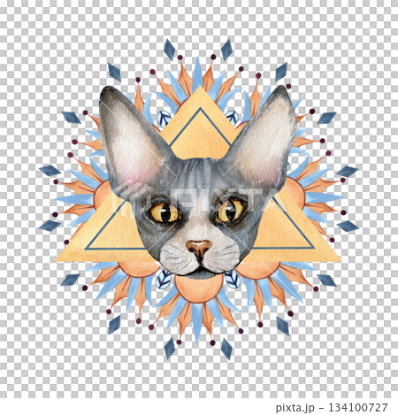 Sphynx cat head, abstract pyramid shape triangle, graphic ornaments, patterns. Sacred animal symbol, icon. Hand drawn watercolor isolated clip art. Illustration of spiritual Egyptian concept 134100727
