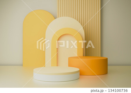 Minimal 3D studio background with yellow and white podiums and arch shapes 134100736