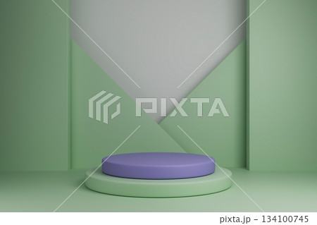 Minimal 3D studio background with purple and green podium and triangle shapes 134100745
