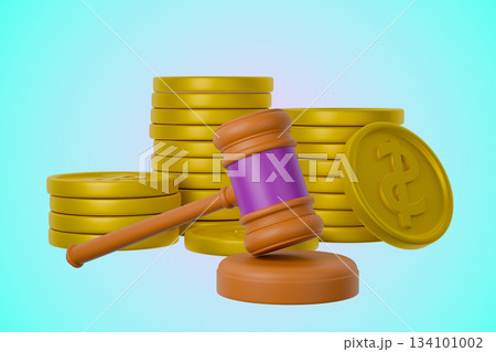 3D blue gavel, gold coins, and bank building, investment law concept 3D blue gavel, gold coins, and bank building, investment law concept 134101002