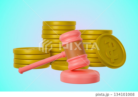 3D pink gavel, gold coins, and bank building, auction and finance concept 3D pink gavel, gold coins, and bank building, auction and finance concept 134101008