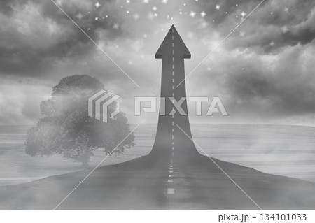 Asphalt road is morphing into upward arrow in surreal grayscale design with fog, tree, stars 134101033