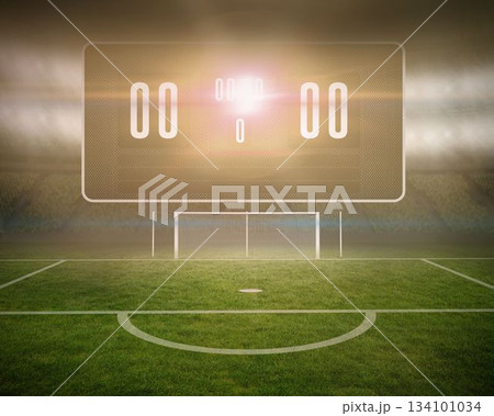 Football pitch with goalpost and scoreboard 134101034