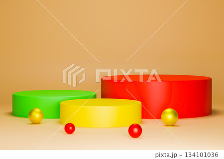 Empty 3D studio podium with gifts for holiday product display in orange scene 134101036