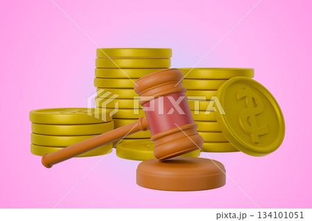 3D pink gavel, gold coins, and bank building, finance and judgment concept 134101051