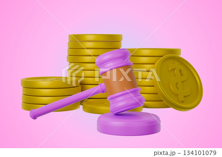 3D purple gavel, gold coins, and bank building, legal proceedings and finance 3D purple gavel, gold coins, and bank building, legal proceedings and finance 134101079