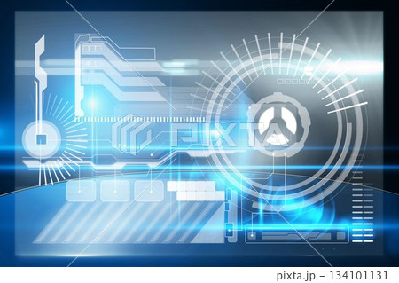 Flat design HUD overlay displaying radial gauge, schematic pathways and data readouts 134101131