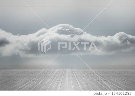 White cloud mural is floating across gray brick wall over light-gray plank floor in flat design 134101253