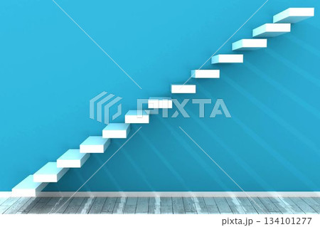 Floating staircase is ascending diagonally on bright blue wall in flat design, copy space 134101277