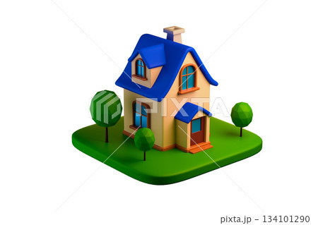 3D rendering of a small blue cartoon house with a garden, home concept 3D rendering of a small blue cartoon house with a garden, home concept 134101290