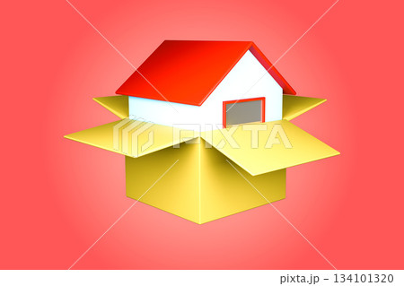 3D cartoon red house coming out of a cardboard box, moving or delivery concept 3D cartoon red house coming out of a cardboard box, moving or delivery concept 134101320
