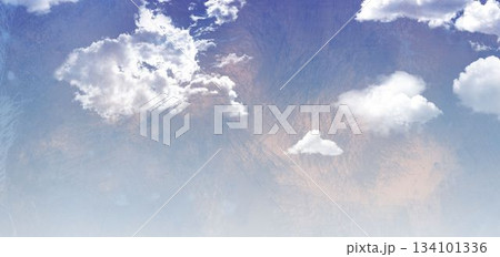 White cloud cluster is floating in soft blue sky with scattered wispy clouds, textured overlay White cloud cluster is floating in soft blue sky with scattered wispy clouds, textured overlay 134101336