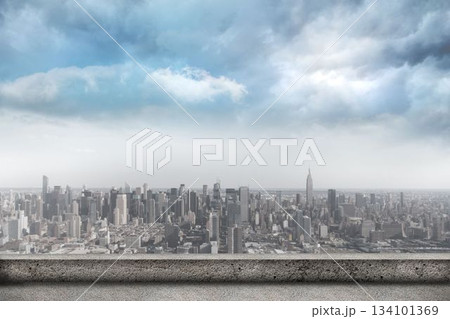 City skyline stretching over rooftop in flat illustration, featuring concrete ledge and skyscrapers City skyline stretching over rooftop in flat illustration, featuring concrete ledge and skyscrapers 134101369