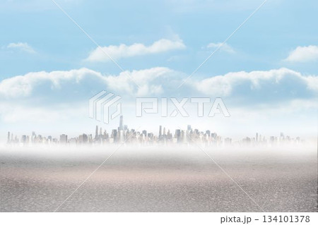 Flat design city skyline is rising above fog over reflective water under pale blue sky 134101378