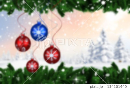 Three red and one blue Christmas baubles with snowflake motifs are hanging amidst flat snowy forest 134101440