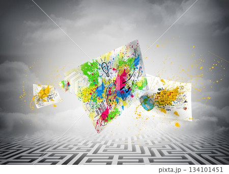 Digitally generated image of posters against the sky 134101451