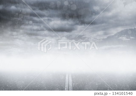 Empty wet road stretching into dense fog in flat design, with double white center line Empty wet road stretching into dense fog in flat design, with double white center line 134101540