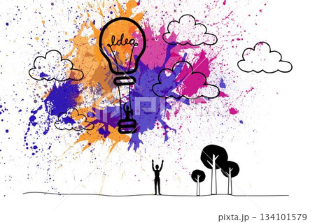 Light bulb balloon and figure over splashes Light bulb balloon and figure over splashes 134101579