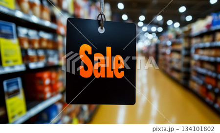 A hanging sign with "Sale" in focus, surrounded by blurred store shelves. Concept of discount and promotion. For retail marketing and promotions 134101802