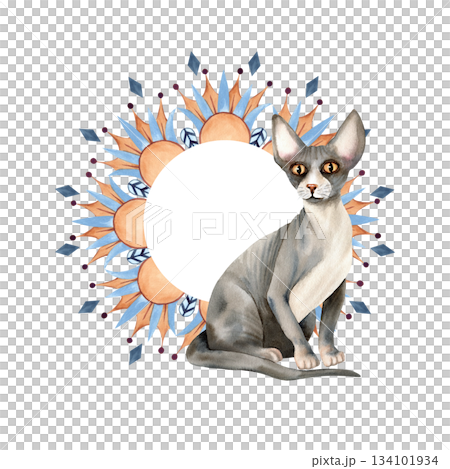 Composition with abstract circle ornament and Sphynx cat, empty space inside. Sacred animal, geometric shape, patterns, lotus. Frame, template. Hand drawn watercolor isolated illustration Composition with abstract circle ornament and Sphynx cat, empty space inside. Sacred animal, geometric shape, patterns, lotus. Frame, template. Hand drawn watercolor isolated illustration 134101934