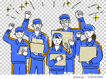 送貨/搬家人員面帶微笑地揮舞著拳頭。 134101945