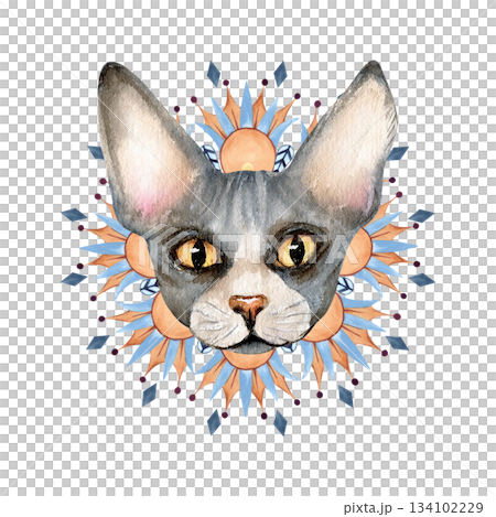 Sphynx cat head and abstract circle ornament. Sacred animal, geometric shape, patterns, lotus. Hand drawn watercolor illustration isolated from background. Magical esoteric concept clip art Sphynx cat head and abstract circle ornament. Sacred animal, geometric shape, patterns, lotus. Hand drawn watercolor illustration isolated from background. Magical esoteric concept clip art 134102229