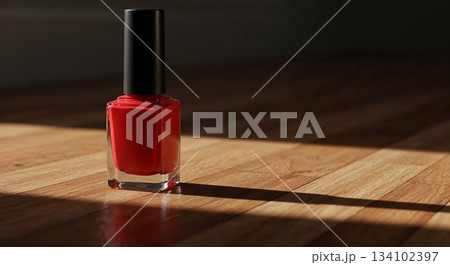 Nail polish bottle on floor with soft daylight, clear shadow,and glossy red finish in photorealistic 134102397